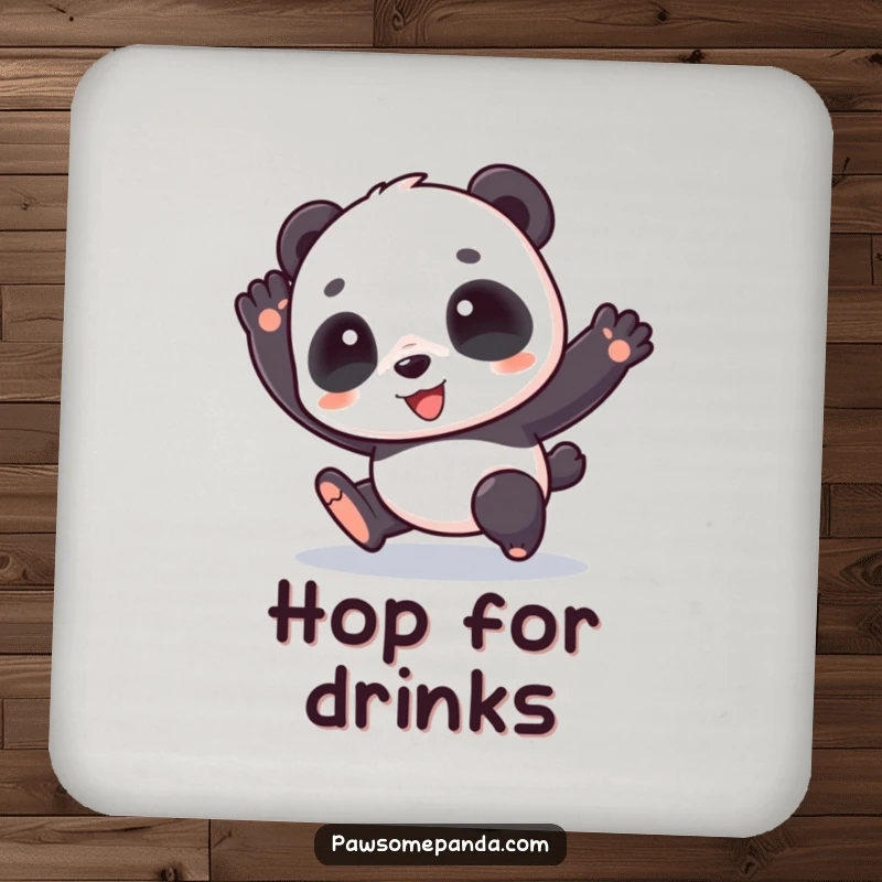 Funny drink coaster featuring a cute panda character doing a happy hop, adding a playful element to table protection.