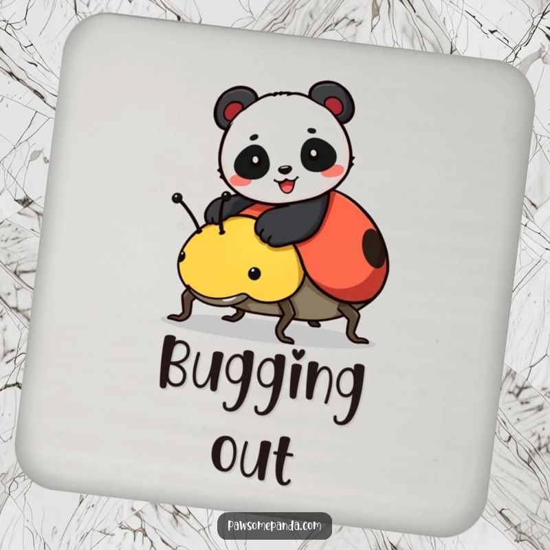 Funny drink coaster featuring a cheerful panda riding a friendly ladybug, offering protection with a dose of humor.