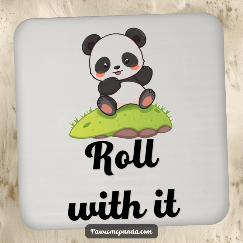 Funny drink coaster featuring a joyful panda character rolling down a grassy hill, adding a humorous touch to beverage service.