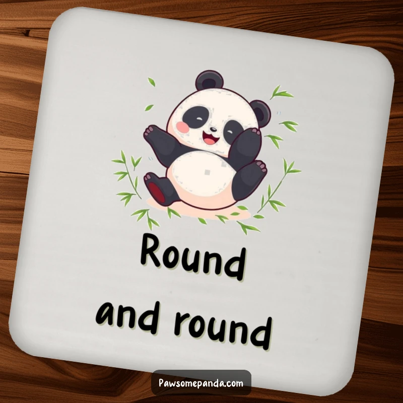 Funny drink coaster with a round panda doing a happy somersault with scattered bamboo leaves.