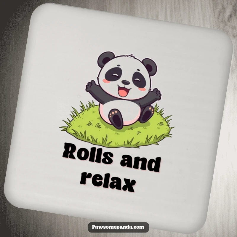 Funny drink coaster featuring a panda character excitedly rolling down a grassy hill, adding playful charm to surfaces.