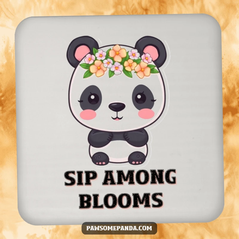 Funny Coaster: A panda wearing a tiny flower crown, bringing floral charm and humor to surfaces, a perfect funny gift.