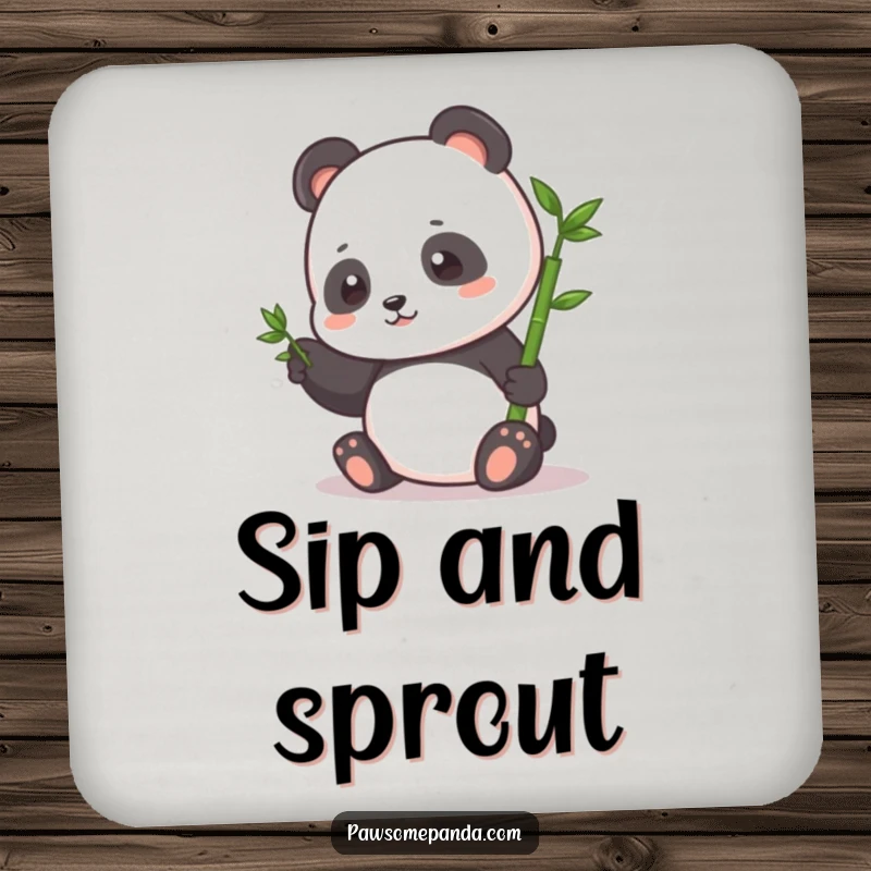 Funny Coaster: A small panda character happily pats a tiny bamboo sprout, bringing a touch of gentle nature to any table.