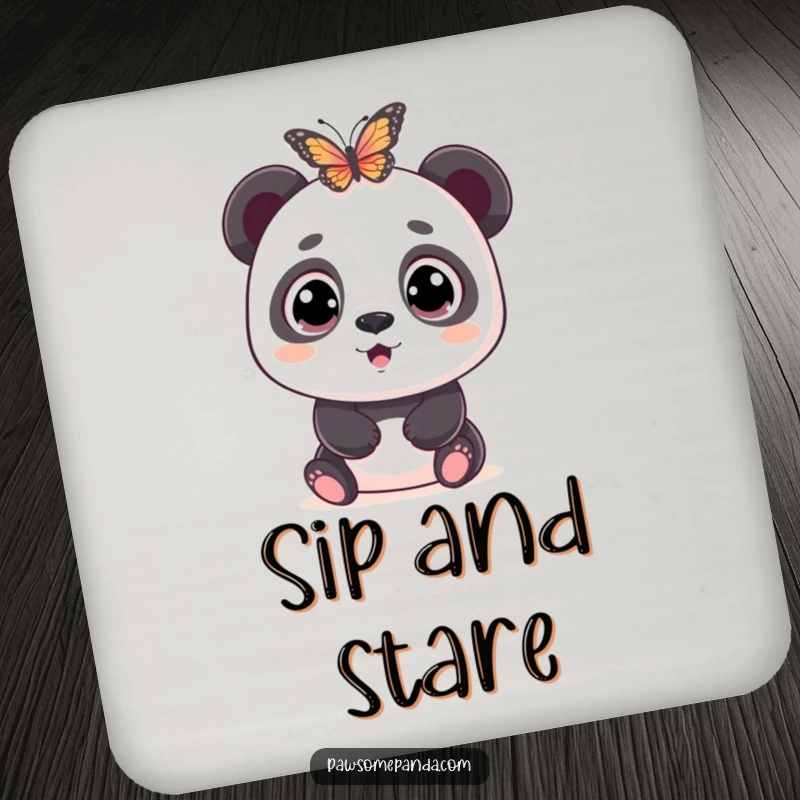 Funny drink coaster depicting a wide-eyed panda character in a state of comical surprise and amazement at the sight of a butterfly flying nearby.