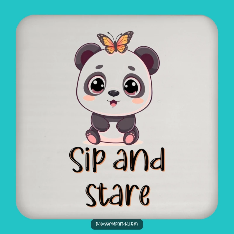 Funny Panda Coaster: Wide-Eyed Surprise by Butterfly, Protect Surfaces Gift