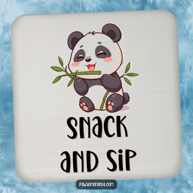 Funny drink coaster showcasing a cute panda character happily munching on bamboo, protecting tables with adorable humor.