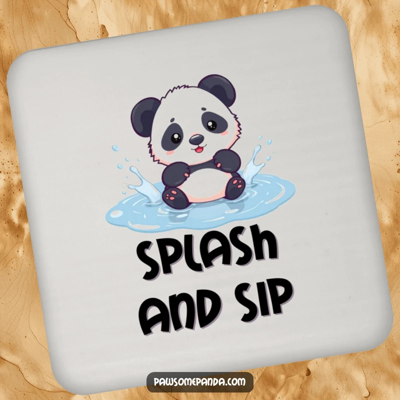Funny kawaii panda cub playfully splashing in a puddle, on a drink coaster, adding cute humor.