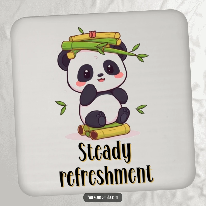 Funny drink coaster depicting a panda character skillfully or comically balancing a tall stack of green bamboo shoots, perfect for beverage protection.