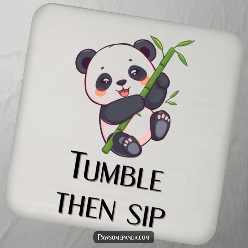 Funny panda coaster showing a panda bear tumbling down a bamboo stalk, protecting surfaces with a humorous touch.