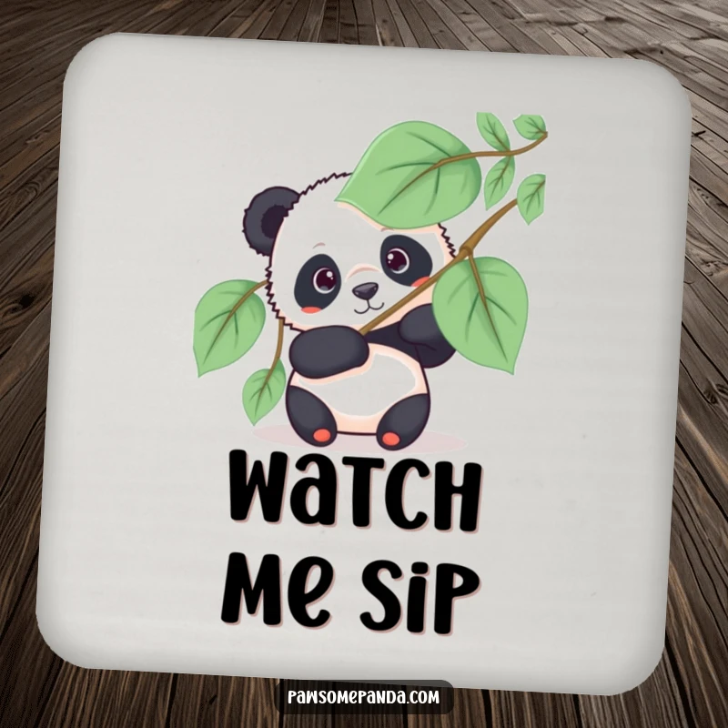 Funny panda coaster showing a curious panda bear peeking from behind a large leafy fan, for humorous surface protection.