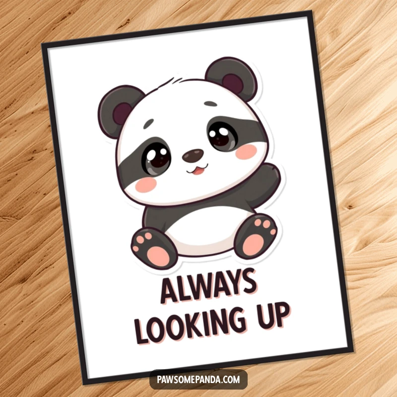 Funny panda poster featuring an adorable panda character with curious eyes looking up, creating a heartwarming and humorous wall art piece.