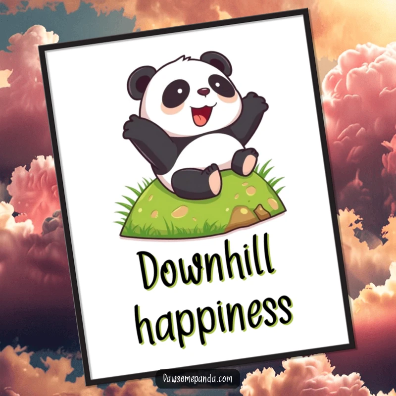 Funny happy panda poster, joyfully rolling down a grassy hill, vibrant and cheerful wall art, a humorous piece.