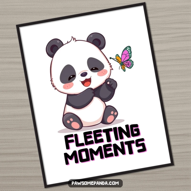 Funny poster print of a giggling panda reaching for a butterfly, perfect for adding a touch of playful humor to any wall.