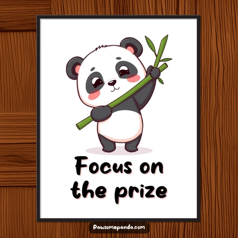 Funny panda poster capturing a panda character with determined focus, precariously balancing a large bamboo stalk with impressive concentration.