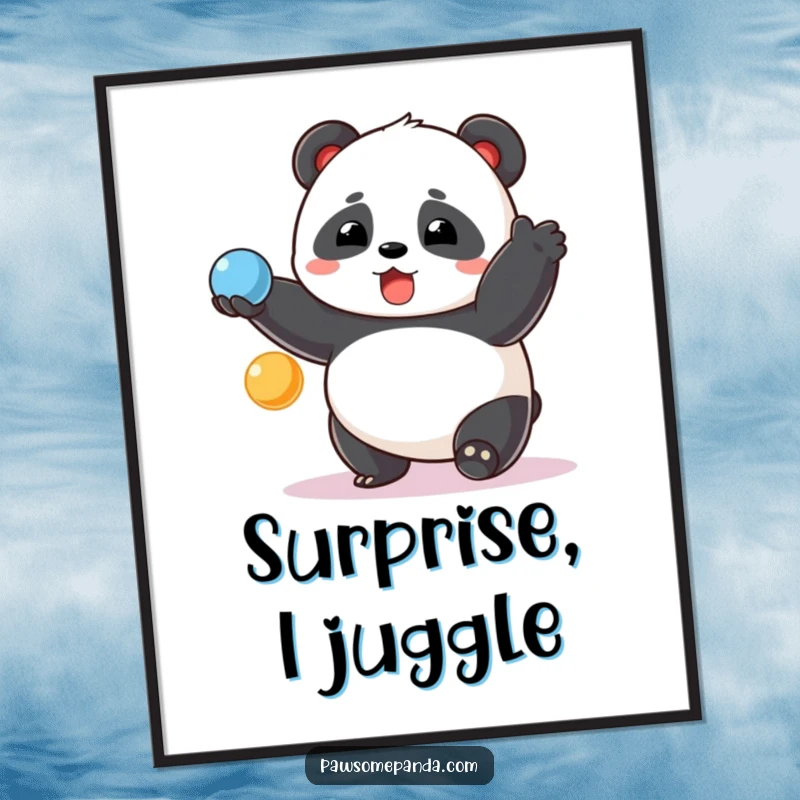 Funny chubby panda poster, surprised grin, juggling three colorful balls, vibrant wall art, a humorous statement piece.