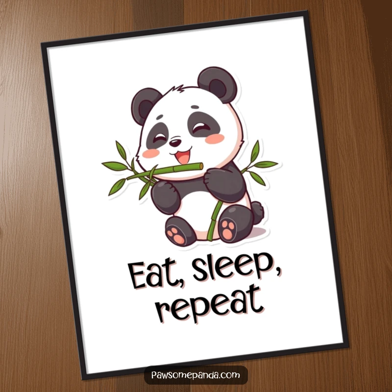 Funny poster art of a cute panda character joyfully eating bamboo, adding a touch of playful charm to any room.