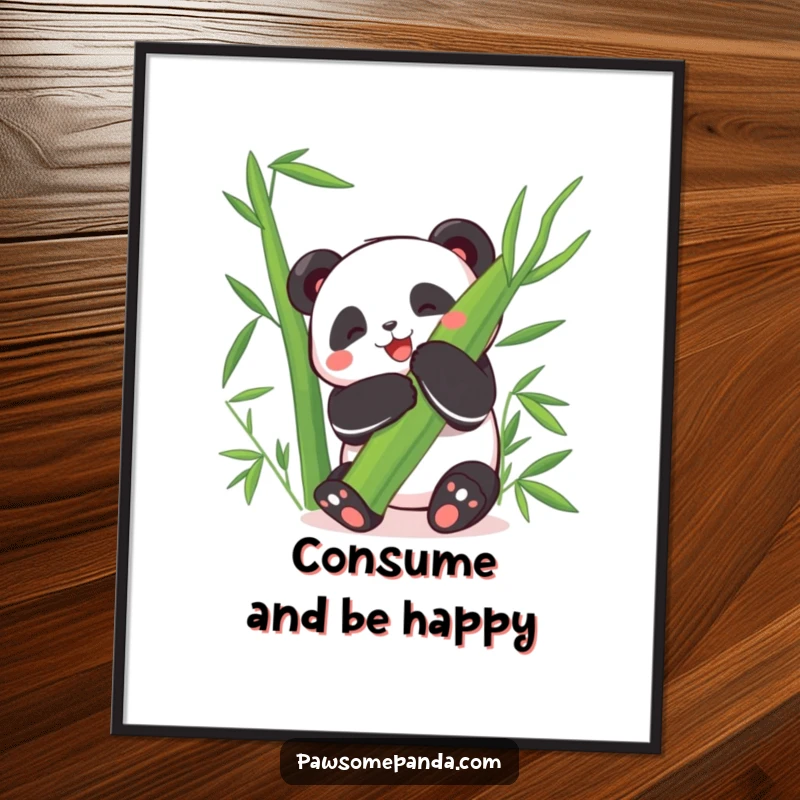 Funny Poster: A happy panda character joyfully hugs a giant bamboo leaf, creating a hilarious and heartwarming scene.