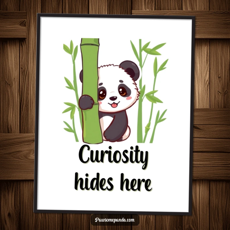 Funny poster featuring a kawaii panda cub’s head peeking curiously from behind a vibrant bamboo shoot, creating a sense of gentle charm.