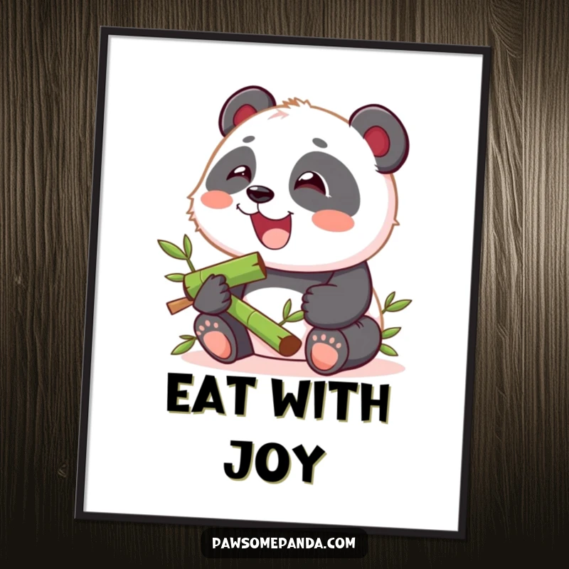 Funny poster featuring a kawaii panda cub with a big smile, joyfully munching on a piece of bamboo, exuding pure delight.