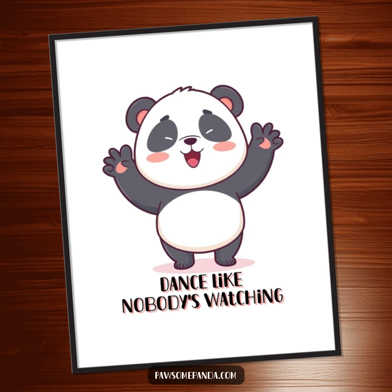 Funny poster print of a kawaii panda bear performing a comical wiggle dance, adding a splash of humor and cuteness to any wall.