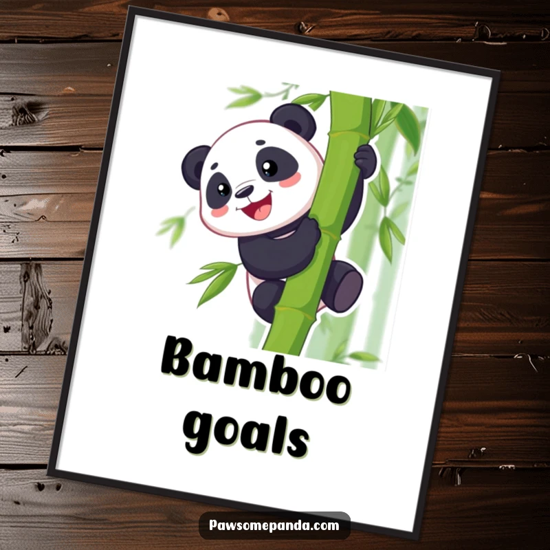Funny poster illustrating a panda character with a wide grin, climbing a sturdy bamboo stalk, symbolizing playful achievement and joy.