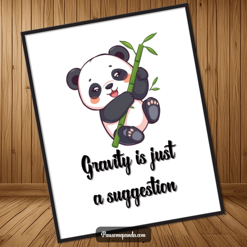 Funny panda poster depicting a panda bear in mid-tumble down a bamboo stalk, capturing pure, comical joy on your wall.