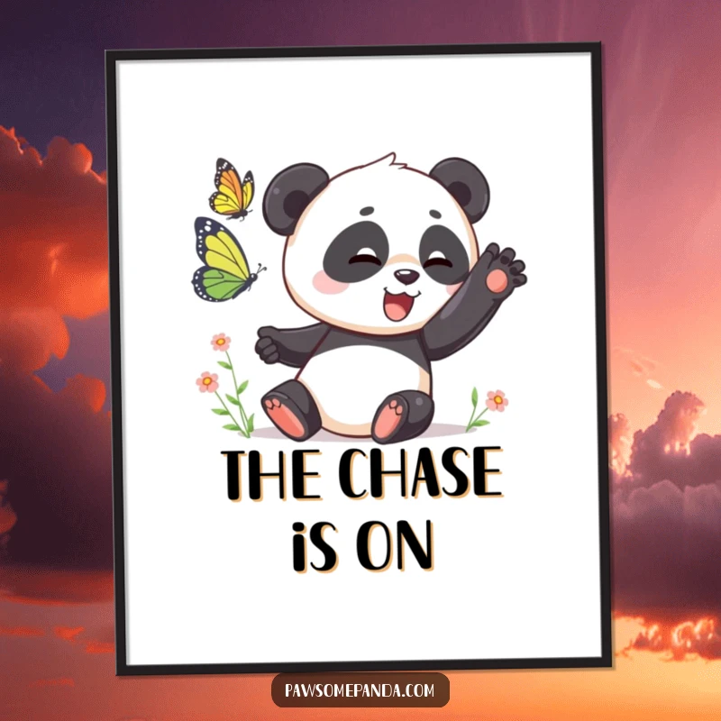 Funny Poster: A delightful illustration of a panda playfully swatting at a butterfly, bringing action and humor, a funny gift.