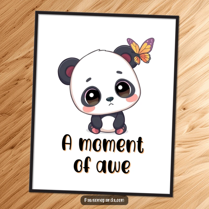 Funny poster of a panda with wide, expressive eyes mesmerized by a beautiful butterfly, evoking a sense of innocent delight.