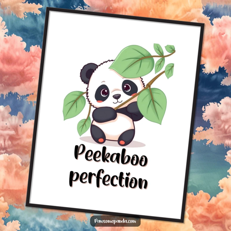 Funny panda poster depicting a curious panda bear peeking from behind a large leafy fan, a humorous and engaging artwork.
