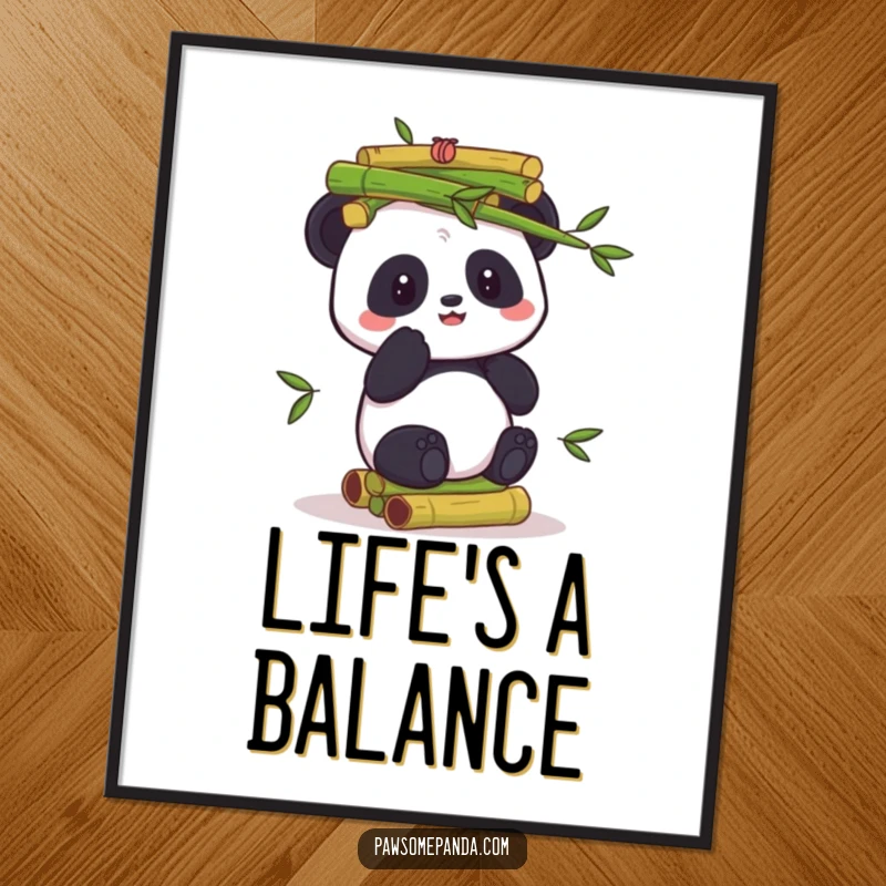 Funny poster print showing a panda character in the process of balancing a substantial, wobbly stack of green bamboo shoots, conveying focus and humor.