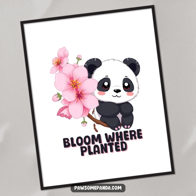 Funny poster displaying a panda character peeking curiously from behind a large, vibrant cherry blossom, capturing a serene moment.