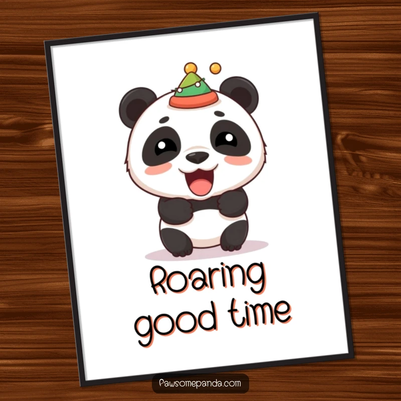 Funny poster print of a stocky panda roaring with a tiny festive hat askew, exuding playful celebration and joy.