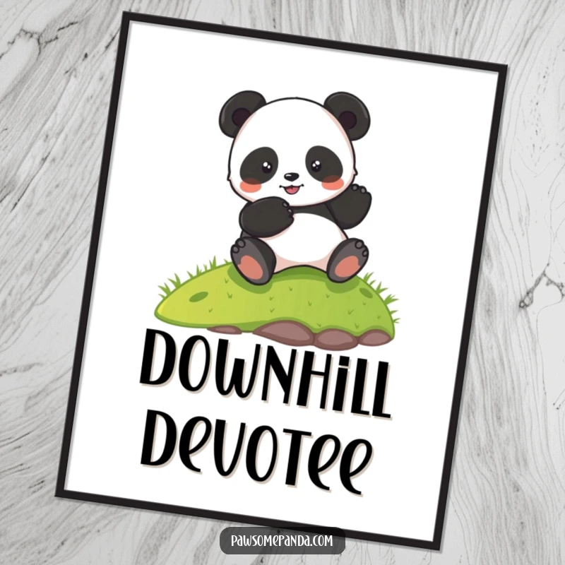 Funny poster featuring a happy panda character in mid-roll down a verdant grassy hill, capturing a moment of delightful abandon.