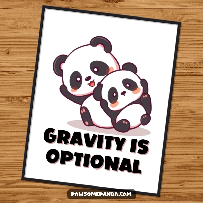 Funny poster showing two giddy panda characters caught in a hilarious tumbling motion together.