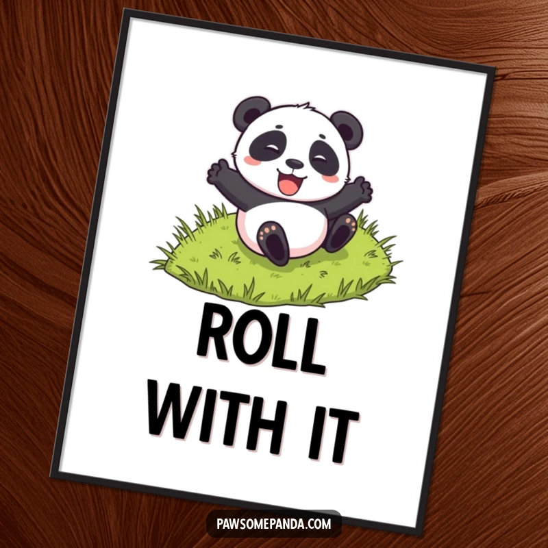 Funny poster of a panda character excitedly rolling down a grassy hill, embodying pure animal joy and playfulness.