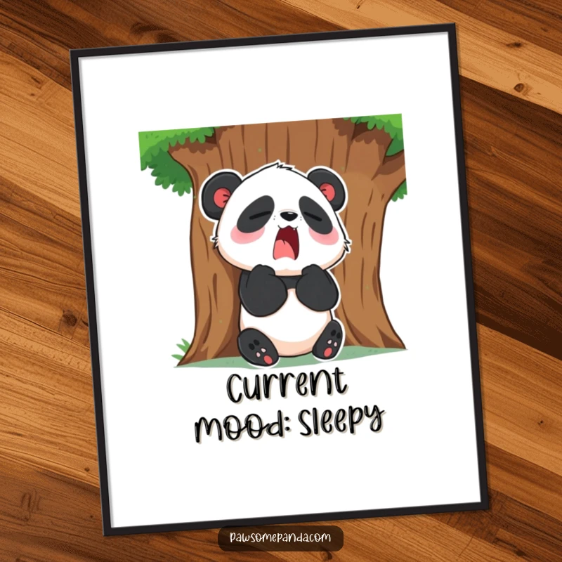 Funny Poster: A sleepy panda character sits against a large tree, yawning widely, exuding tranquility and a love for naps.