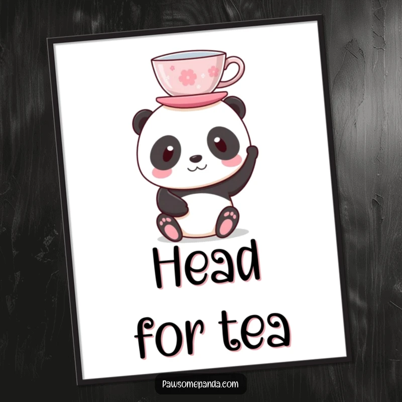 Funny poster of a panda character perfectly balancing a delicate teacup on its head, creating an image of serene humor.