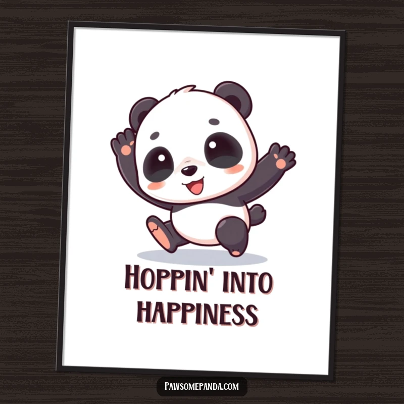 Funny poster art of a cute panda character joyfully hopping, bringing a burst of energy and cheer to wall decor.