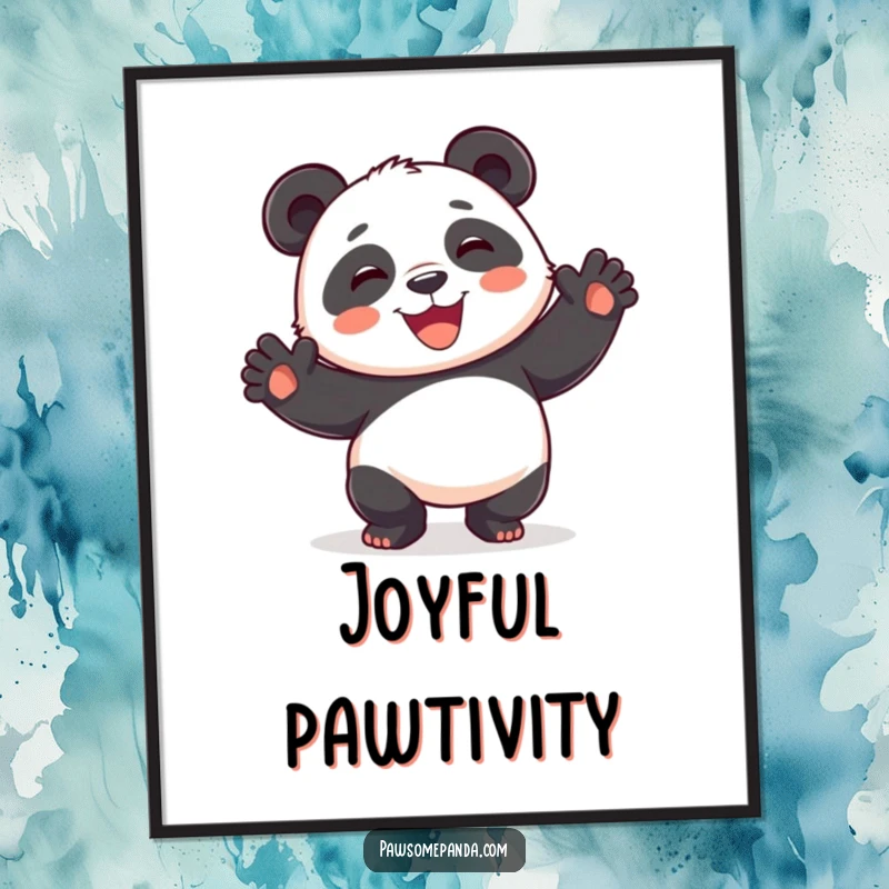 Funny playful panda poster, dancing silly, paws raised, wide happy smile, vibrant humorous wall art.