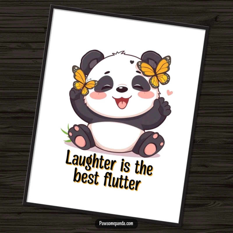 Funny panda poster depicting a panda bear giggling joyfully as a butterfly tickles it, a humorous and heartwarming artwork.