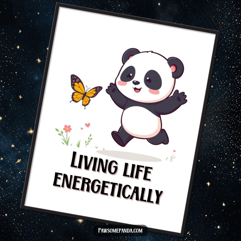 Funny Poster: A playful panda character hops energetically, joyfully pursuing a delicate butterfly against a bright backdrop.