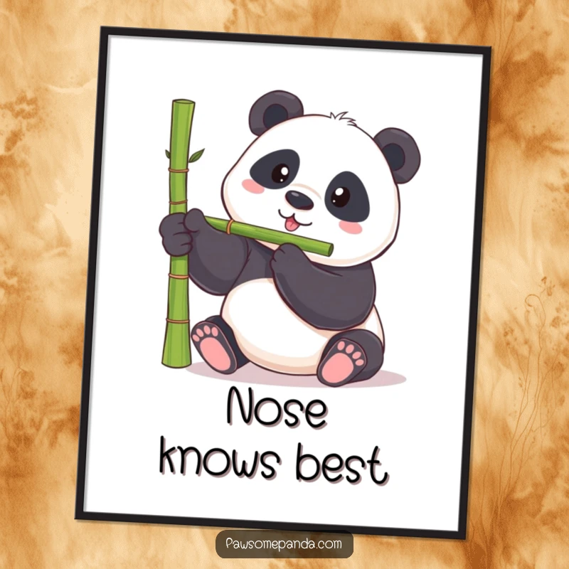 Funny panda poster showing a chubby panda bear attempting to balance a bamboo shoot on its nose, a humorous display.