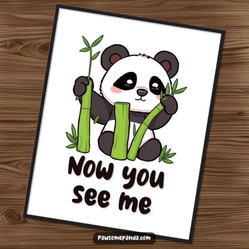 Funny poster showing a mischievous panda character peeking out from behind a lush bamboo stalk.