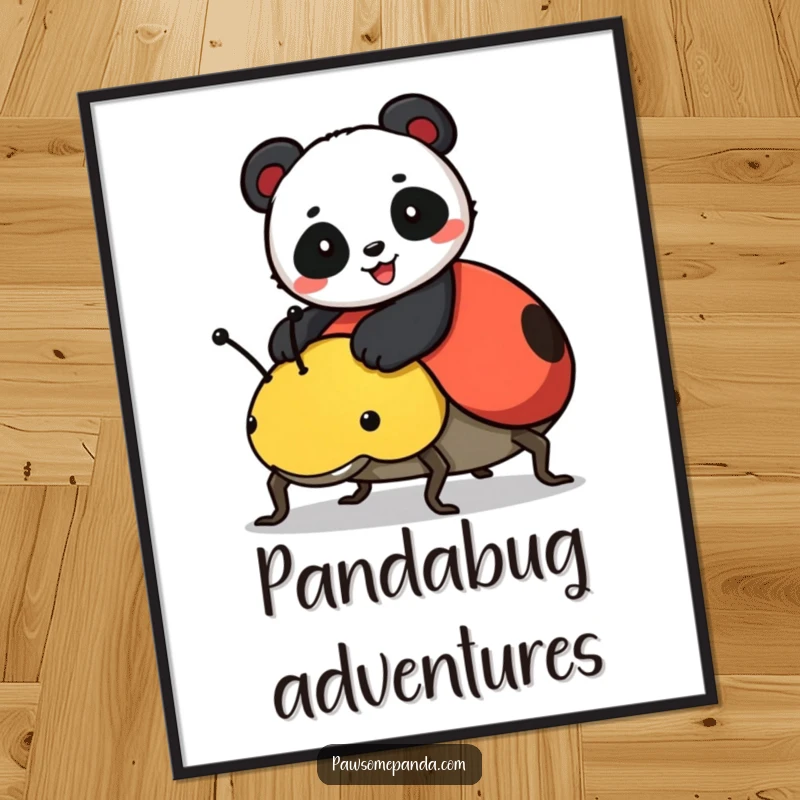 Funny poster print of a cheerful panda riding a friendly ladybug, adding whimsical charm to any wall space.
