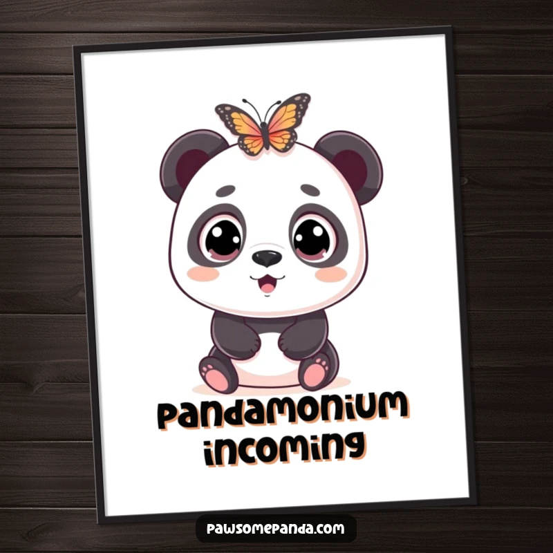 Funny poster print of a wide-eyed panda character expressing comical surprise and astonishment as a butterfly flutters unexpectedly close to its face.