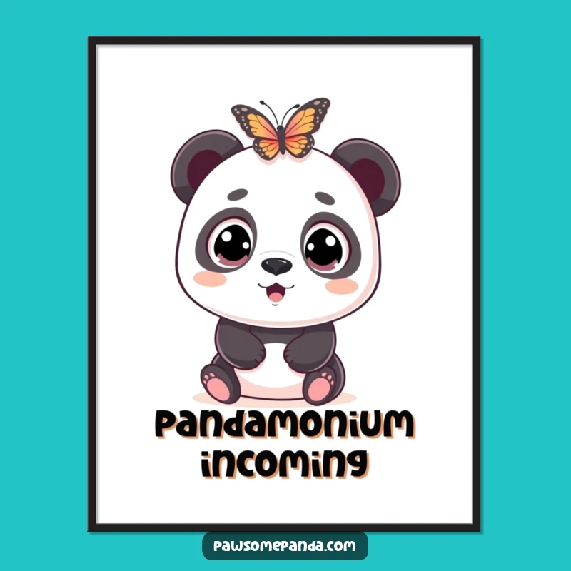 Funny Panda Poster: Wide-Eyed Surprise by Butterfly, Whimsical Wall Art Gift
