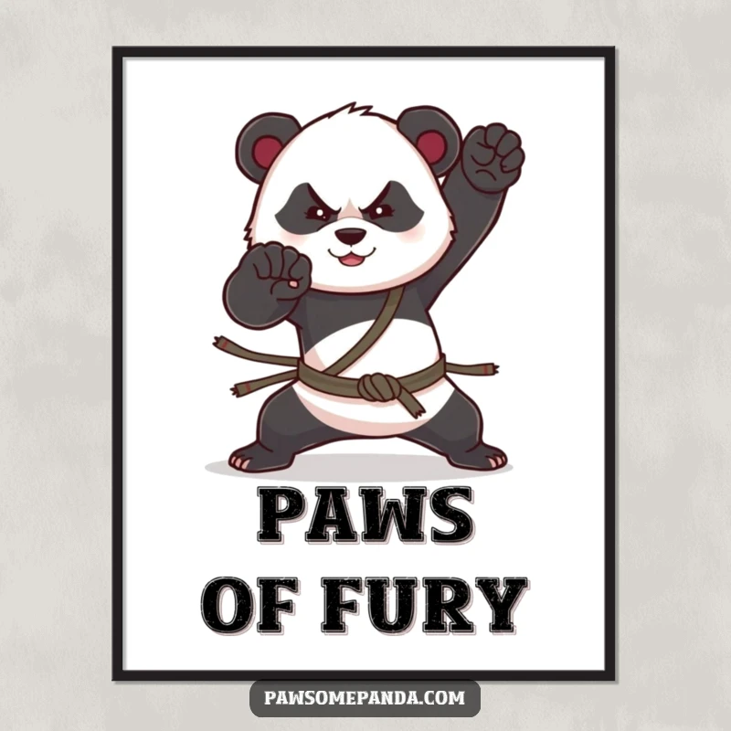 Funny poster of a panda character striking a powerful martial arts pose, conveying discipline and a humorous, stoic expression.
