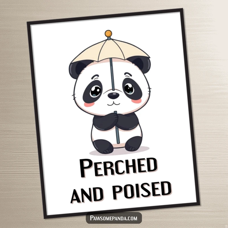 Funny poster print of a little panda with a determined expression, perfectly balancing a tiny umbrella on its nose.