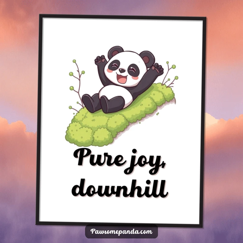 Funny poster capturing a panda character's gleeful slide down a mossy incline, radiating pure, uninhibited happiness.