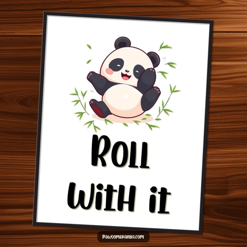 Funny poster of a round panda doing a happy somersault with scattered bamboo leaves, bringing cheerful vibes.